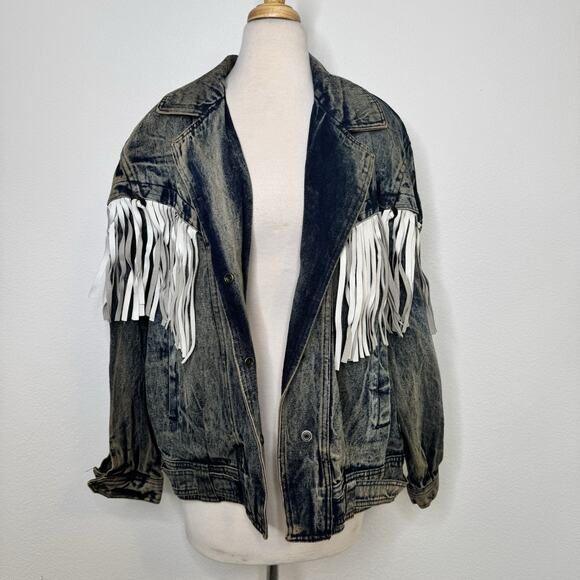 Vintage Rock Creek Womens Denim Jacket Size 18W Antique Acid Wash Leather Fringe